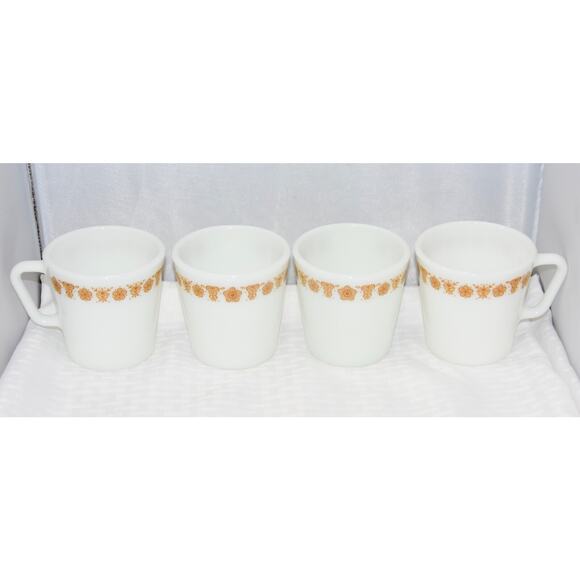 PYREX BUTTERFLY GOLD MILK GLASS CUPS #1410 Flat Coffee Mugs X-4 - Picture 4 of 5